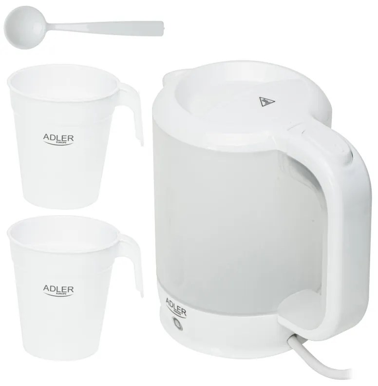 Cana electrica Adler AD 1381, 900W, 0,5 L, 2 cani si lingura, Protectie fierbere fara apa, Alb