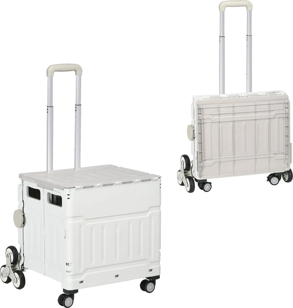 HOMCOM Cărucior Pliabil pentru Cumpărături cu Roți pentru Scări și Mâner Telescopic, Capacitate 80 kg, 51L, Cărucior din Aluminiu pentru Cumpărături și Camping, Alb, 52 x 48 x 100 cm | Aosom Romania