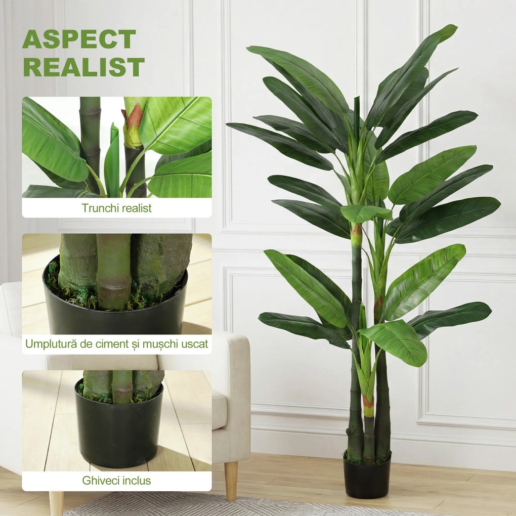 HOMCOM Arbore Artificial de Banan 180 cm cu Ghiveci, Plantă Falsă cu 18 Frunze pentru Decor Interior sau Birou, Verde | Aosom Romania