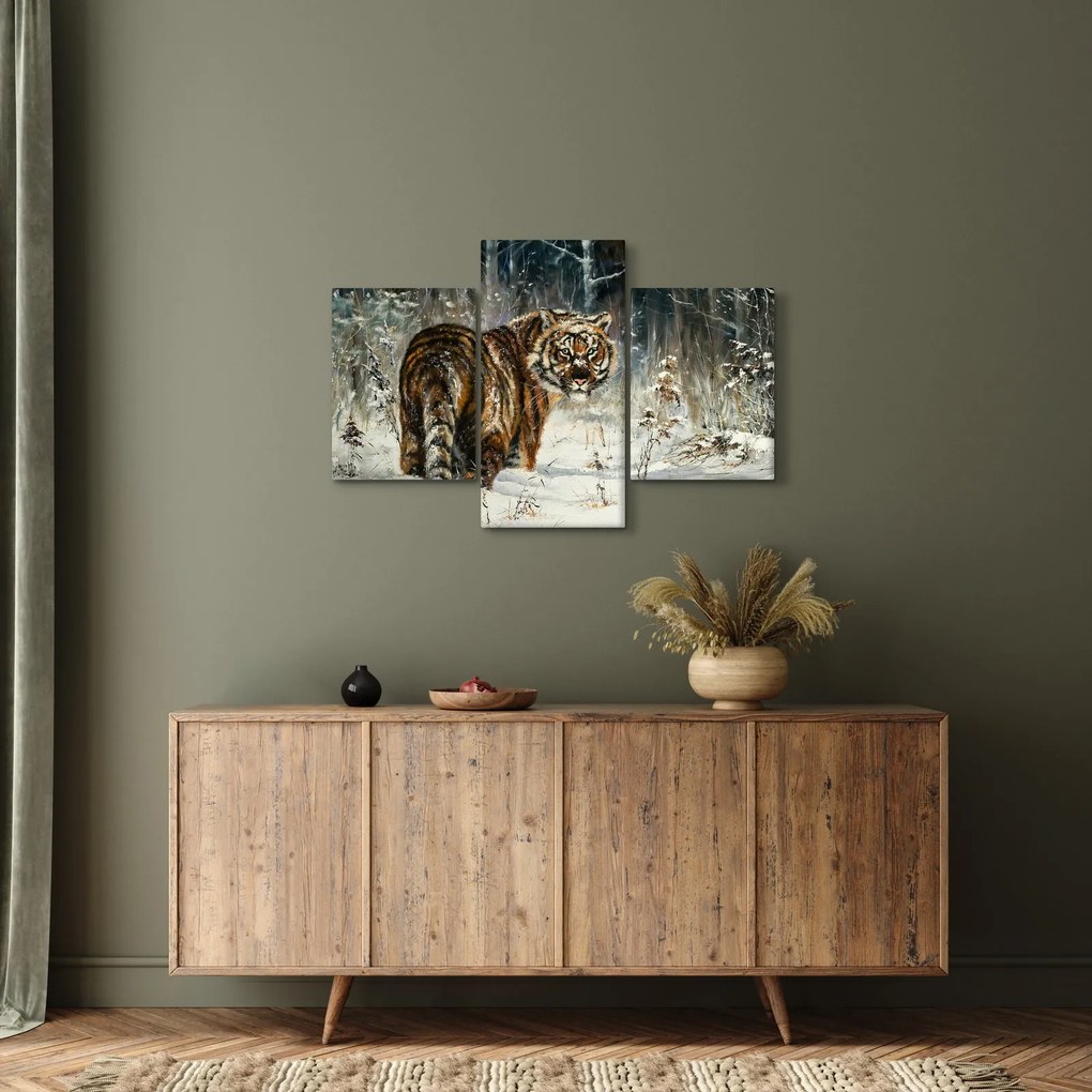 Tablou - Tigru într-o pădure înzăpezită, pictură în ulei (90x60 cm)