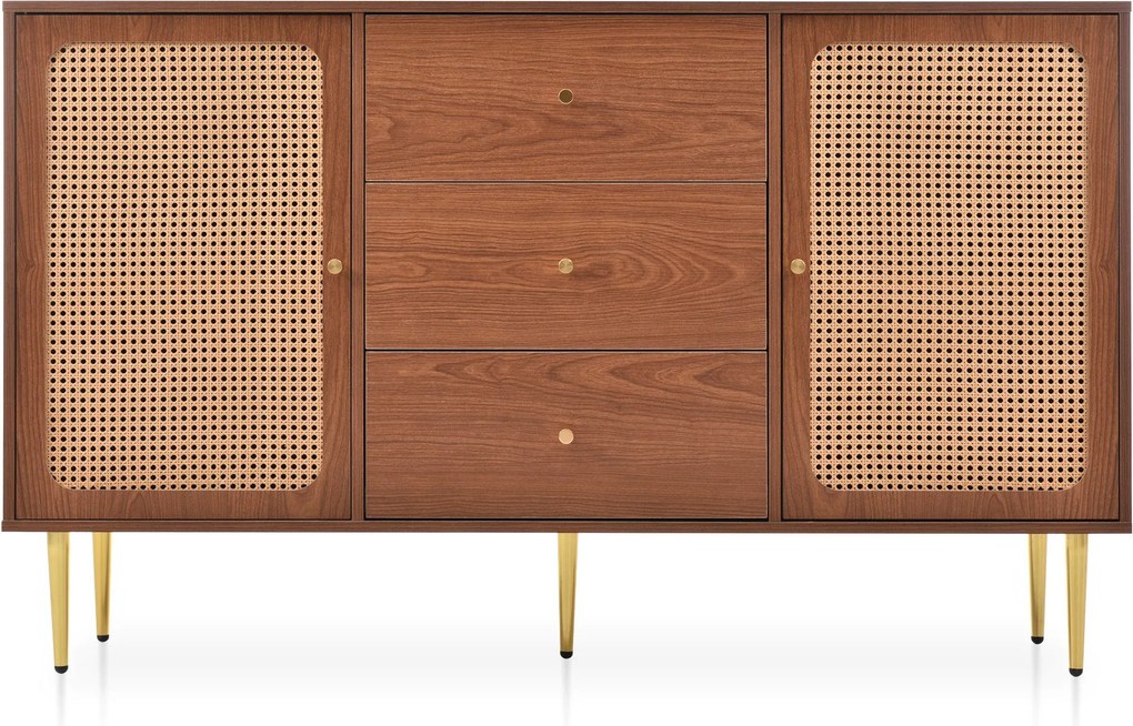 Comodă modernă cu 2 uși și 3 sertare, raft reglabil, pentru living și dormitor, 150x40x90 cm, Culoare naturală