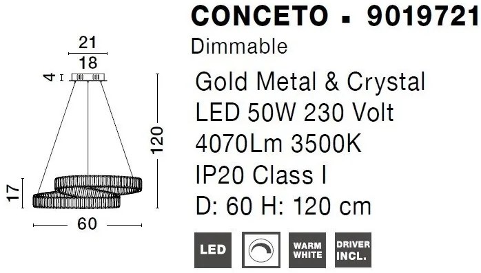 Pendul LED dimabil, cristal design elegant CONCETO auriu 60cm