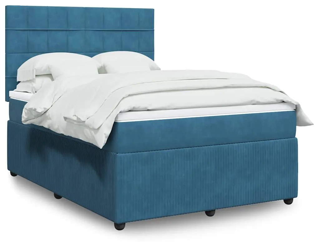 vidaXL Pat box spring cu saltea, albastru, 140x200 cm, catifea