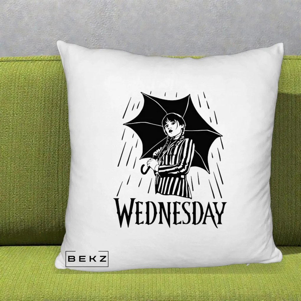 Perna Personalizata Wednesday cu Umbrela Ploaie Lineart, 40x40 cm, Alb Pufos, Husa Detasabila, Perna Inclusa, BEKZ®