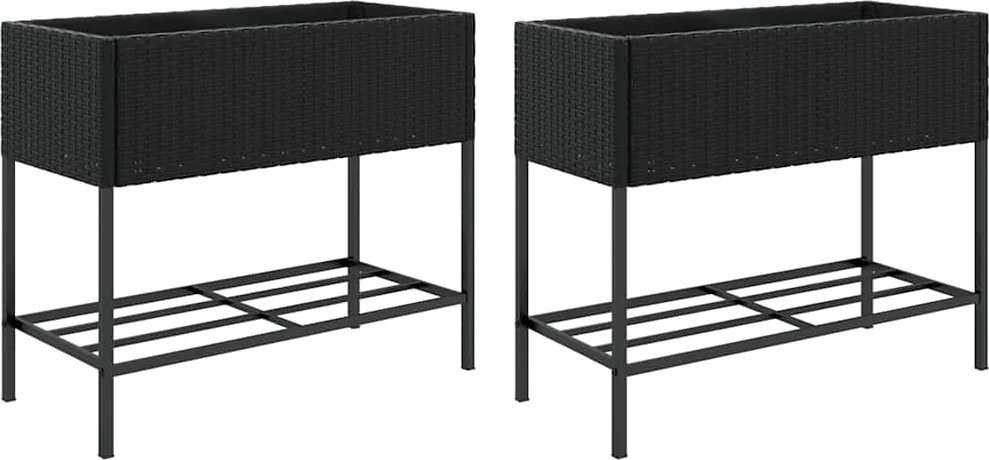 vidaXL Jardiniere de grădină cu raft 2 buc. negru 90x40x75cm poliratan