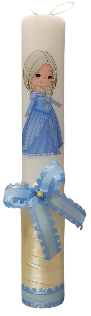 Lumanare botez decorata Printesa alb albastra 4,5 cm, 35 cm