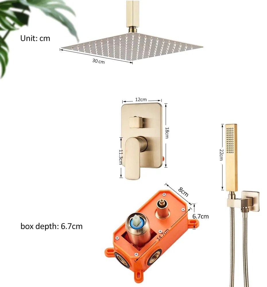 Set de dus tip ploaie auriu nichelat semi-lucios, para 30 cm, 2 functii de curgere