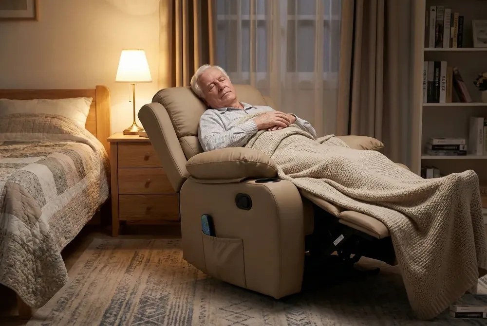 Fotoliu Masaj, Incalzire, rabatabil, sezut cu arcuri metalice, suport picioare extensibil, piele PU, Maro deschis