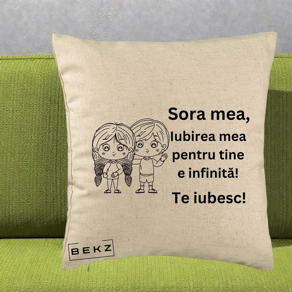 Cadou pentru Sora - Perna Personalizata Sora Mea Te Iubesc Copii Anime Line Art, 40x40 cm, Bej, Husa Detasabila, Perna Inclusa, BEKZ®