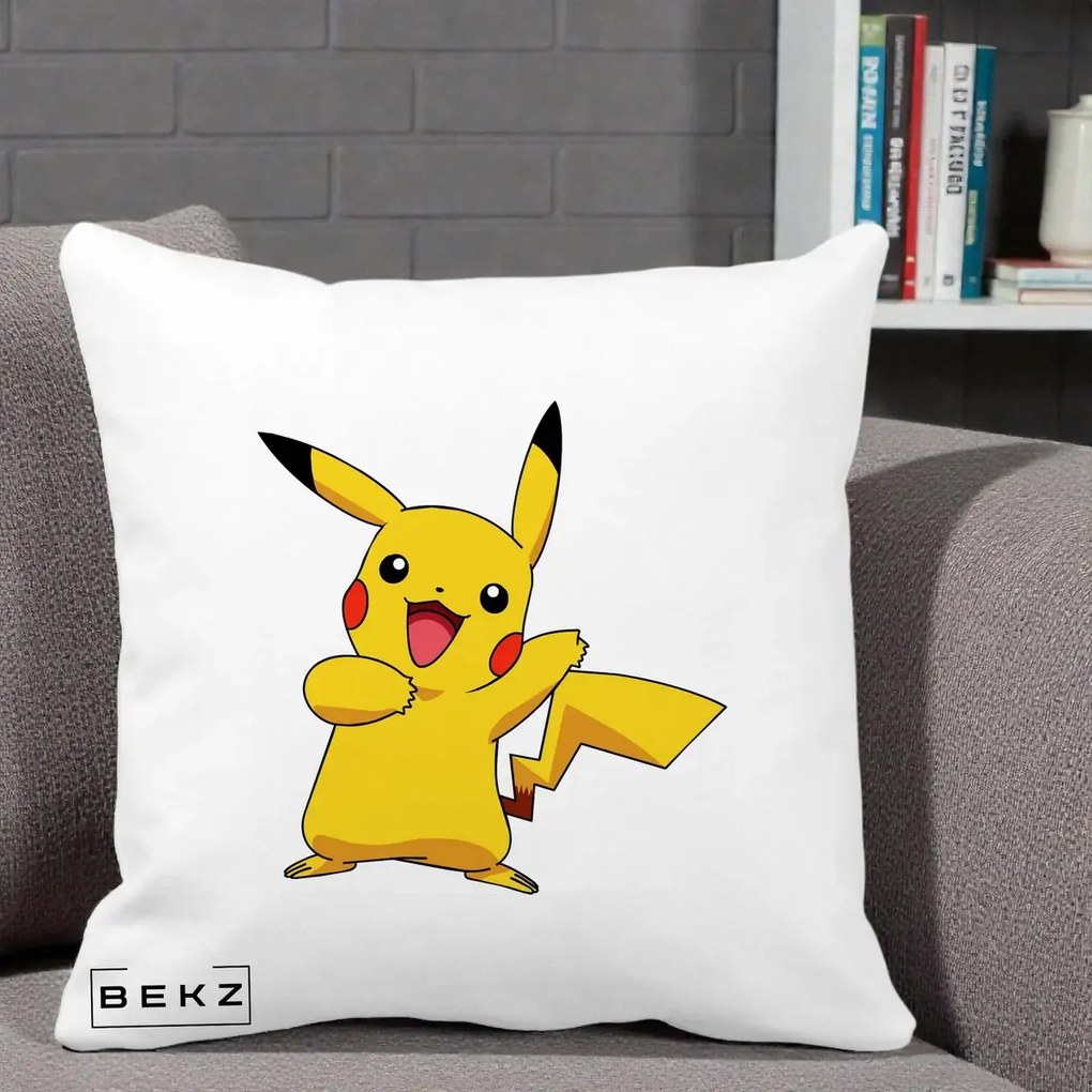 Perna Personalizata Pikachu Fericit, 40x40 cm, Alba Mata, Husa Detasabila, Perna Inclusa, BEKZ®