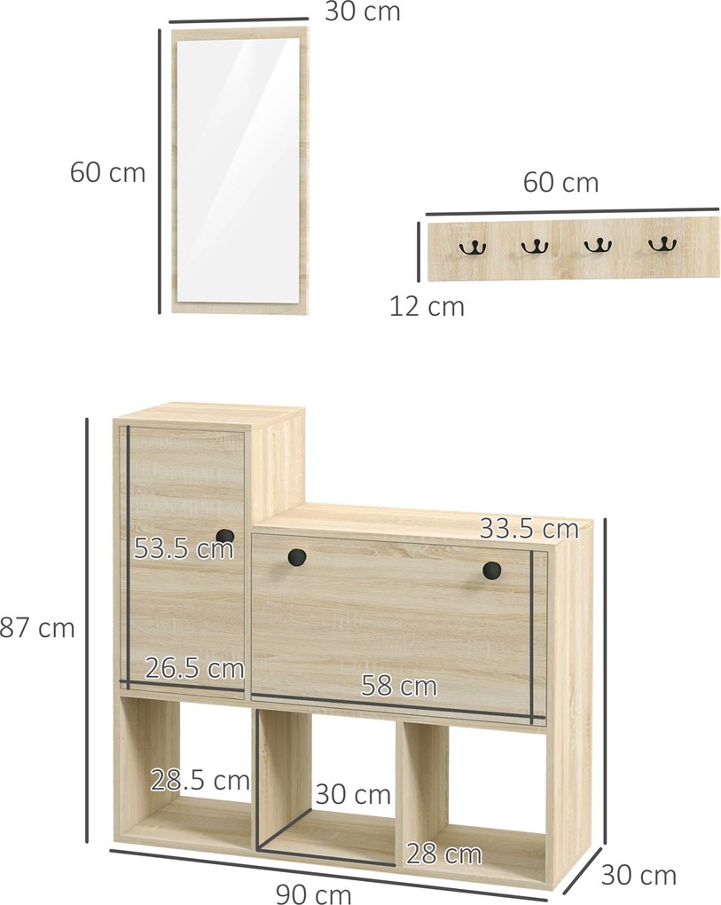 HOMCOM Mobilier pentru Hol cu Depozitare pentru 9 Perechi de Pantofi, Oglindă, Dulap, Rafturi și 4 Cârlige, 90x30x87 cm, Lemn Natural | Aosom Romania