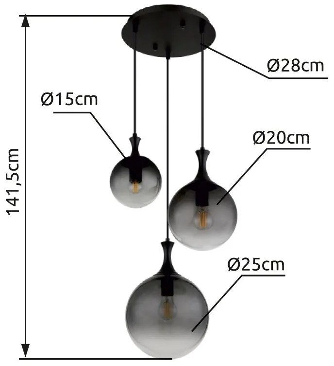 Lustra suspendata design modern DALTON 3L negru/fumuriu