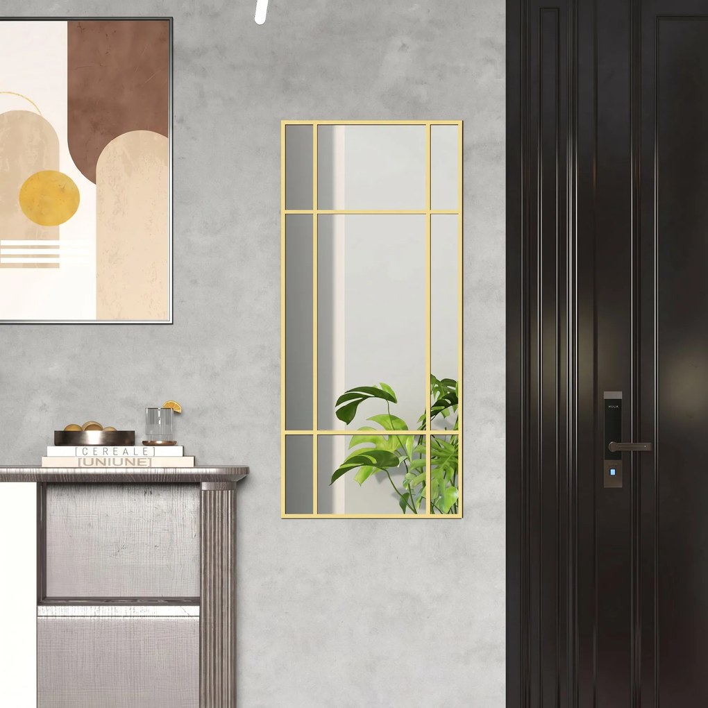 HOMCOM Oglindă de Perete Dreptunghiulară, Oglindă Tip Fereastră cu Cadru Metalic, Oglindă Decorativă Suspendată, 110x2x50 cm, Auriu | Aosom Romania
