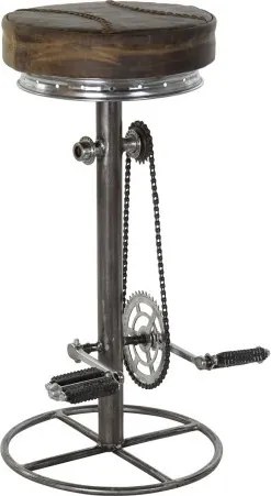 Scaun de bar vintage din metal și piele naturală, maro, cu șezut rotund, pedale și lanț de bicicletă, 82 x 44 x 41 cm, „Pedals”