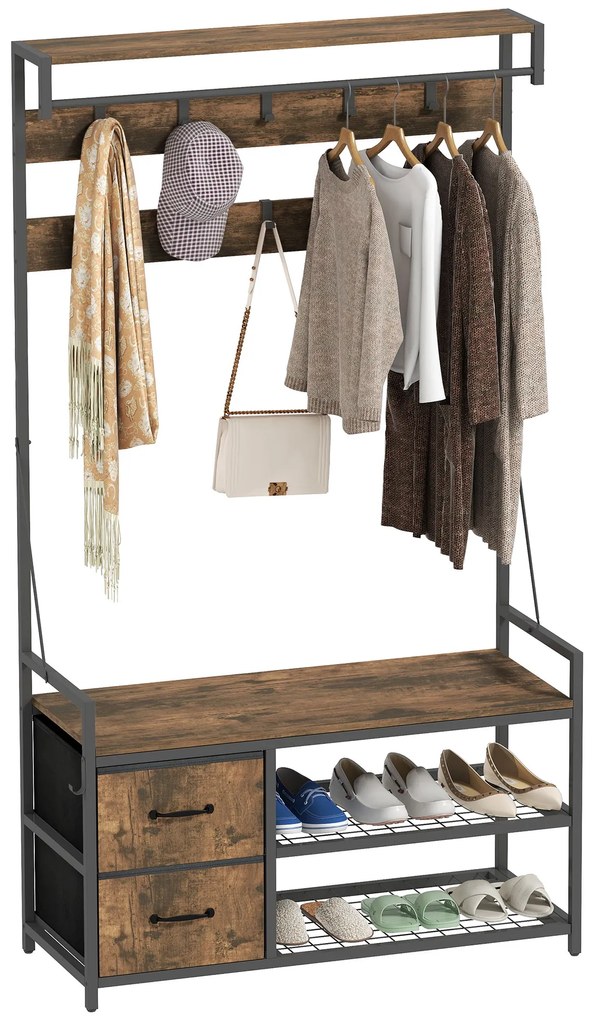 HOMCOM Suport pentru haine 6-în-1 cu raft pentru pantofi, stil industrial, 10 cârlige, 2 sertare textile, metal, maro | Aosom Romania