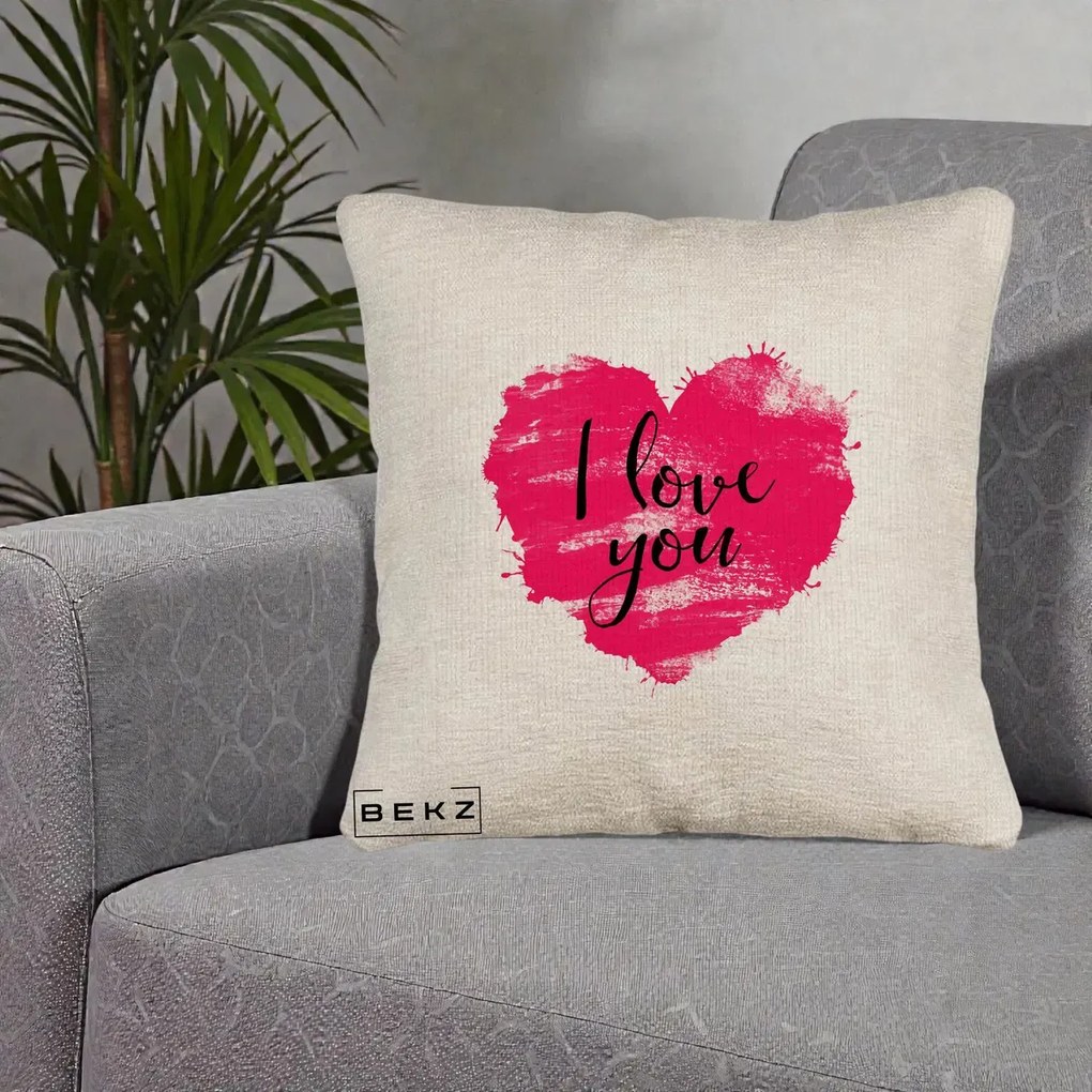 Cadou Romantic - Perna Personalizata I Love You Inima Roz, 40x40 cm, Bej Canapea, Husa Detasabila, Perna Inclusa, BEKZ®