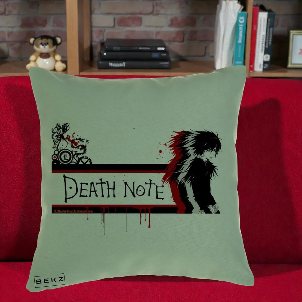 Perna Personalizata Death Note L Lawliet Rosu-Negru, 40x40 cm, Verde, Husa Detasabila, Perna Inclusa, BEKZ®