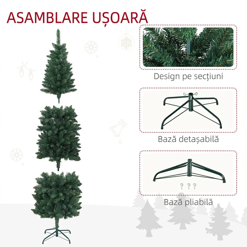 HOMCOM Brad Artificial de Crăciun cu 479 Ramuri, Brad de Crăciun Înalt și Îngust cu Bază Pliabilă, Ø65x180 cm, Verde | Aosom Romania