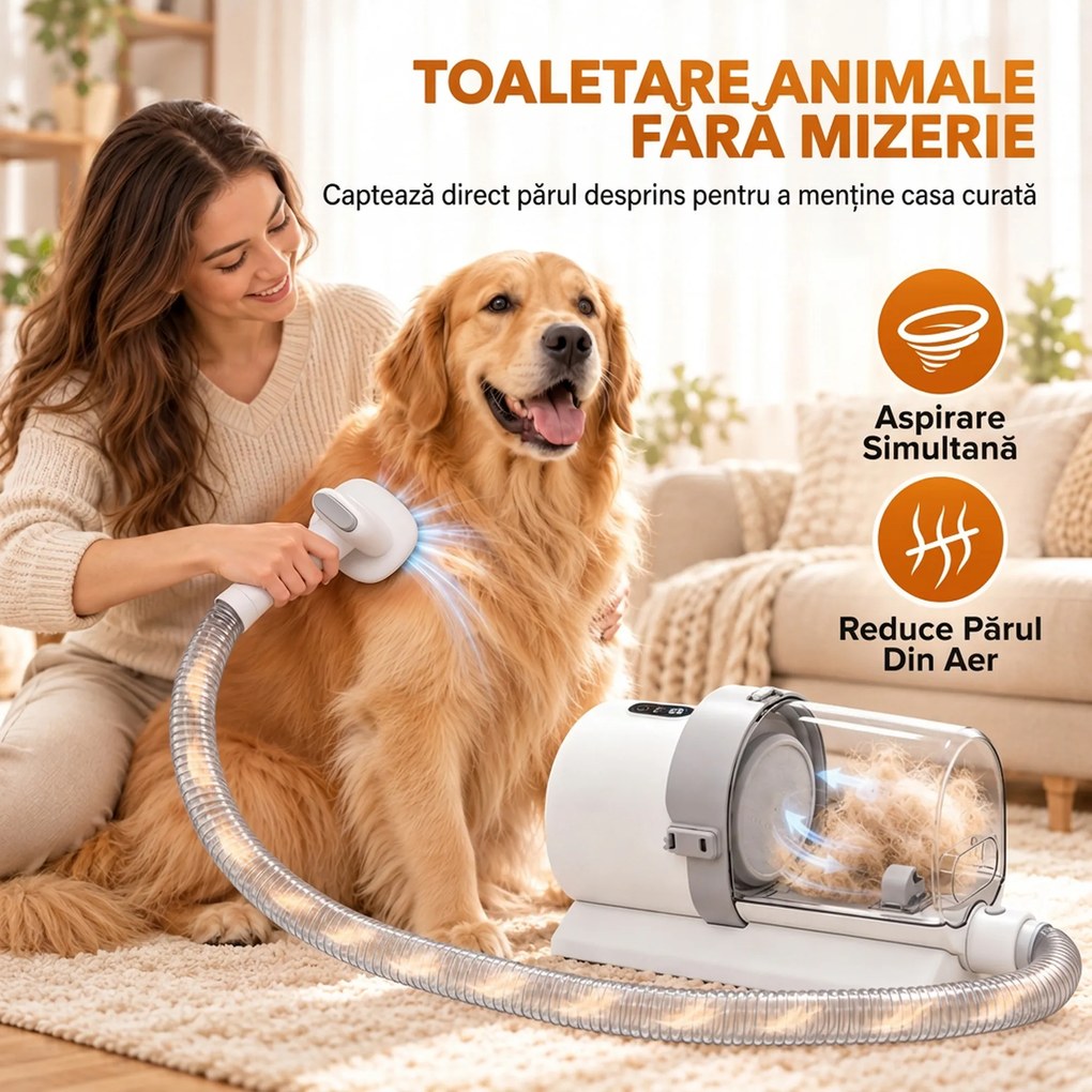 PawHut Kit de Toaletare pentru Câini și Pisici 5 în 1, cu Aspirator 10 kPa, Mașină de Tuns și Perie, Recipient 2,5 L, 3 Viteze, Silențios | Aosom Romania