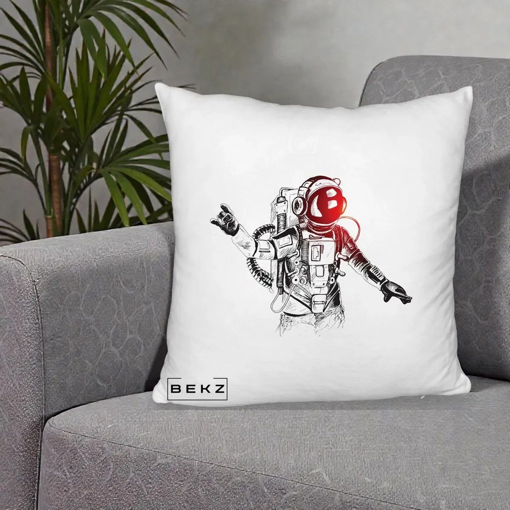 Perna Decorativa Astronaut Rock Sketching, 40x40 cm, Alb Pufos, Husa Detasabila, Perna Inclusa, BEKZ®