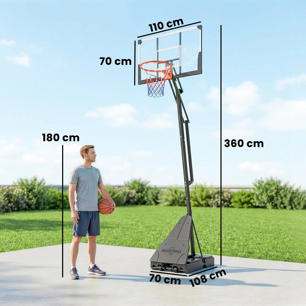 SPORTNOW Coș de Baschet Portabil pentru Exterior, Reglabil 2,45-3,05 m, Panou Rezistent la Șocuri, Reglare cu Manivelă | Aosom Romania