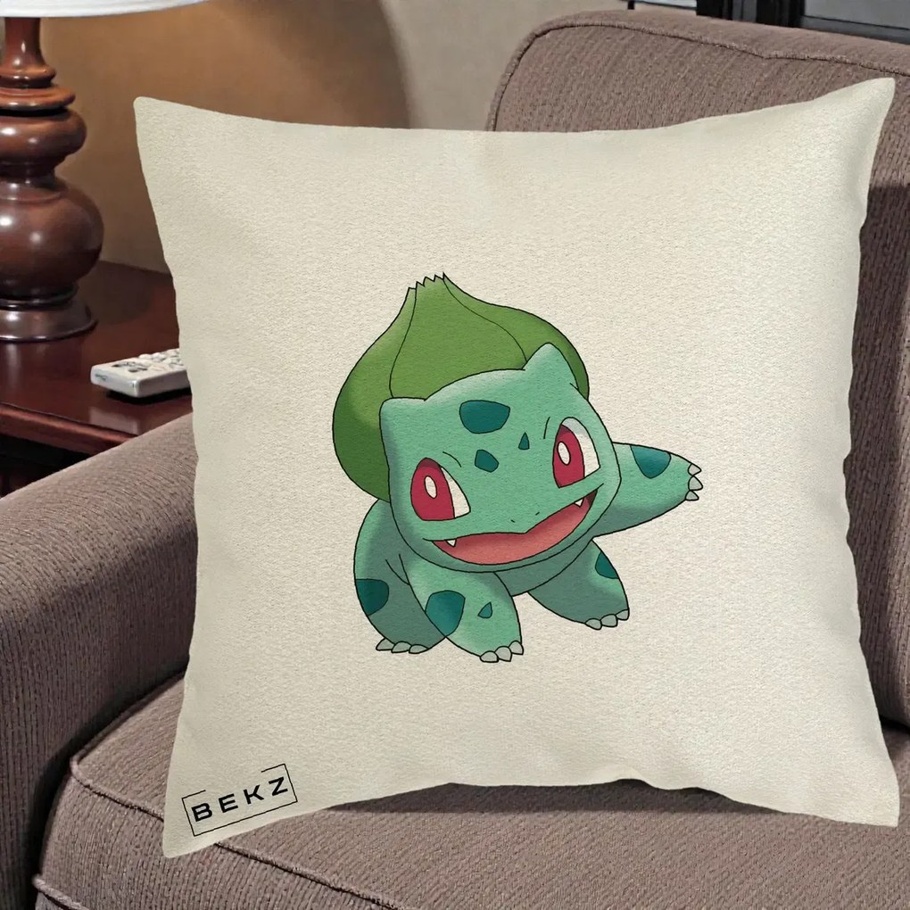 Perna Personalizata Bulbasaur Pokemon, 40x40 cm, Ecru, Husa Detasabila, Perna Inclusa, BEKZ®