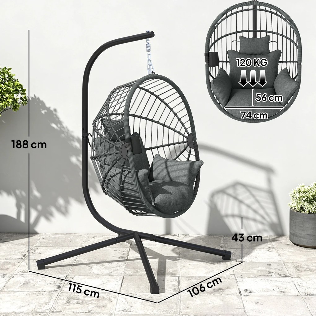 Outsunny Scaun Suspendat Ou, Inclusiv Pernă, Fotoliu, 120 cm x 106 cm x 188 cm, Gri | Aosom Romania