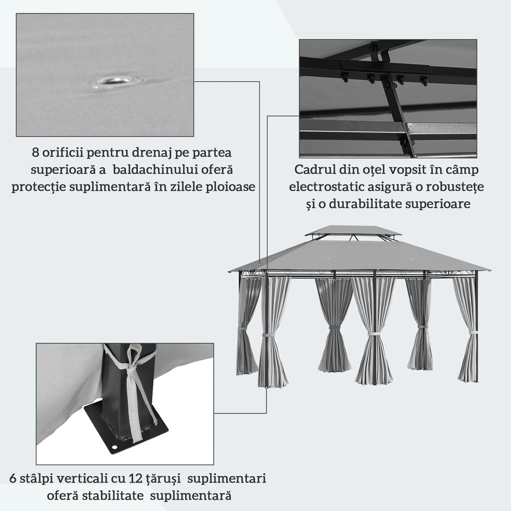 Outsunny Gazebo 4x3 m cu 6 Perdele și Acoperiș cu 2 Niveluri, din Oțel și Poliester, Gri Închis | Aosom Romania