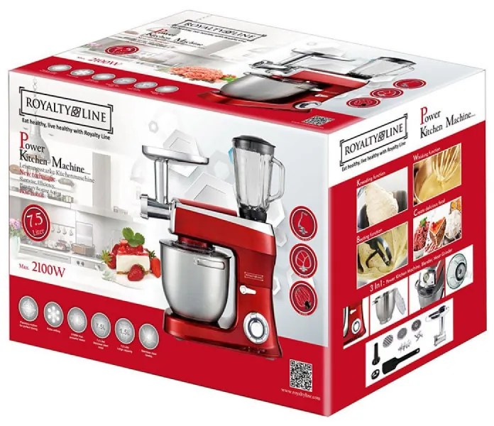 Resigilat: Procesor de alimente Royalty Line PKM2100BG, 2100W Max, 7,5 litri, Mașină de tocat carne și Blender, 3 agitatoare, 6 trepte + Pulse, Roșu