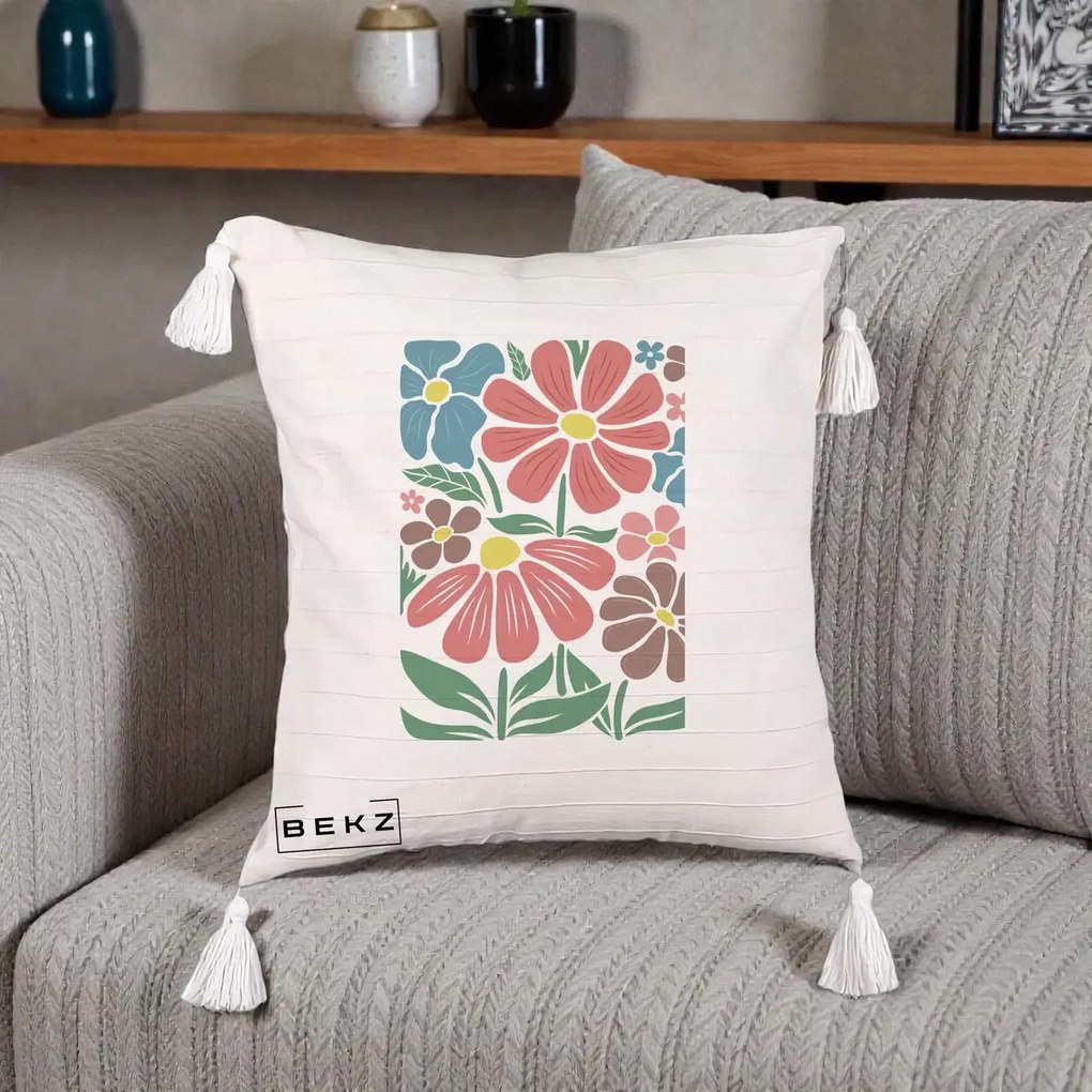 Perna Decorativa Flori Grafice Colorate Retro, 40x40 cm, Bej cu Franjuri, Husa Detasabila, Perna Inclusa, BEKZ®