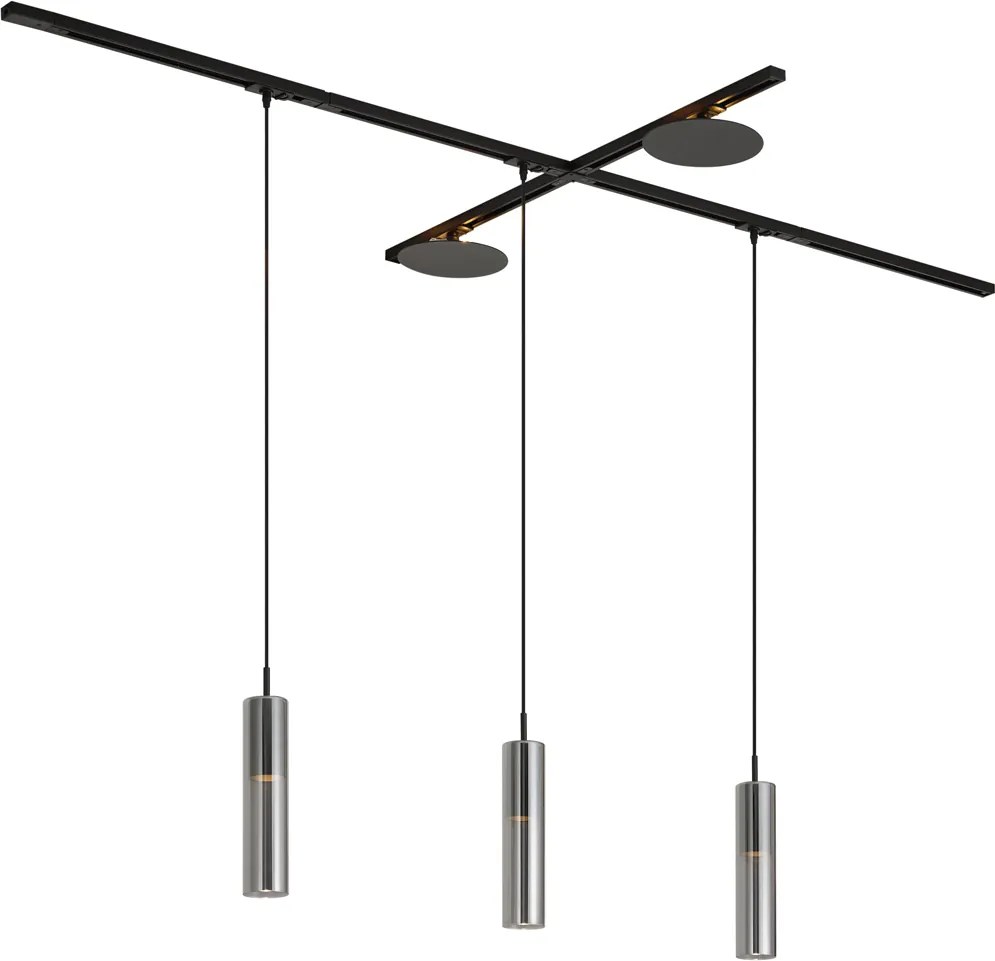 Sistem de iluminat pe șină modern negru cu 3 lumini suspendate și 2 plafoniere monofazate - Iconic Lloyd Pulley