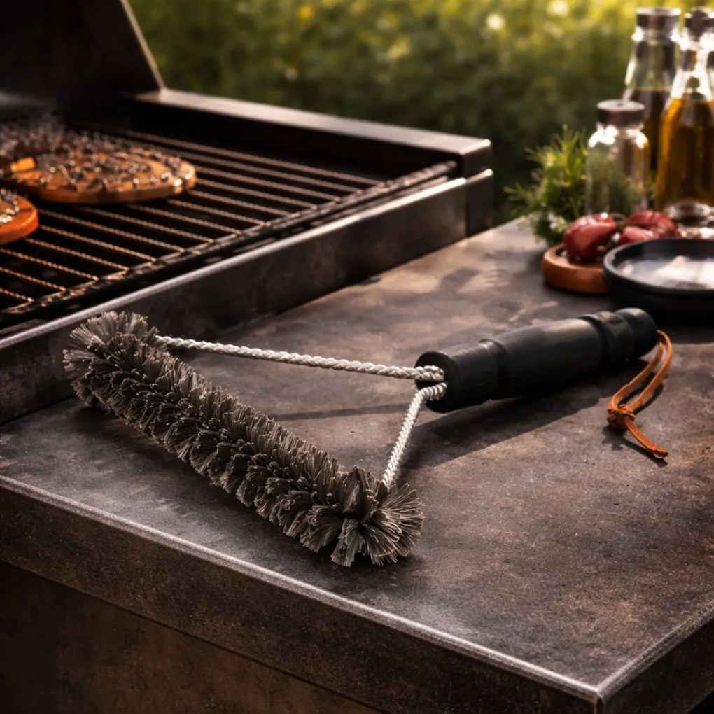 Perie profesională pentru curățarea grătarului, formă triunghiulară, peri metalici rezistenți, mâner ergonomic, BBQ
