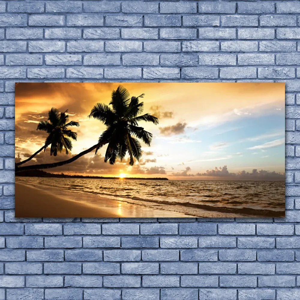 Tablou pe panza canvas Palm Trees Sea Beach Peisaj Galben Negru Albastru