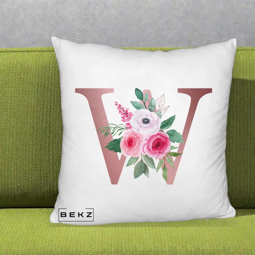Cadou Personalizat - Perna Personalizata Monograma Rose Gold Litera W cu Trandafiri si Anemona, 40x40 cm, Alb Pufos, Husa Detasabila, Perna Inclusa, BEKZ®