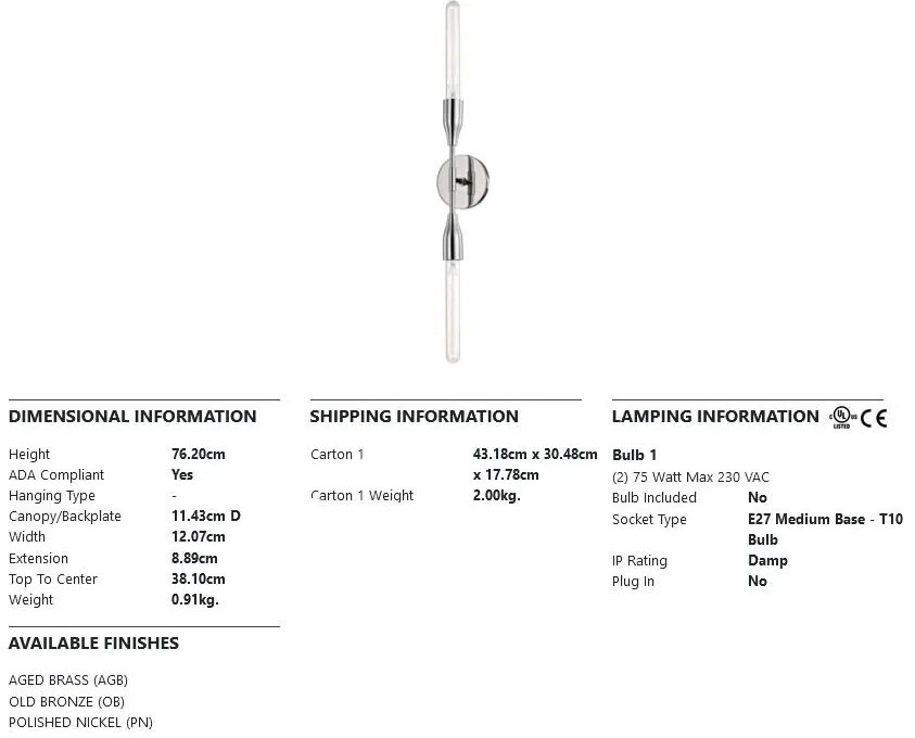 Aplica de perete design minimalist, cu doua surse de lumina TARA, nichel lucios