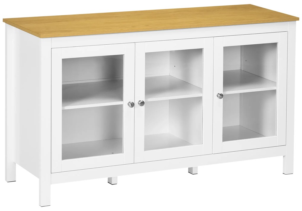 HOMCOM Bufet mobilier de depozitare cu 3 uși din sticlă 2 rafturi reglabile aspect de lemn deschis 120 x 40 x 70 cm alb | Aosom Romania