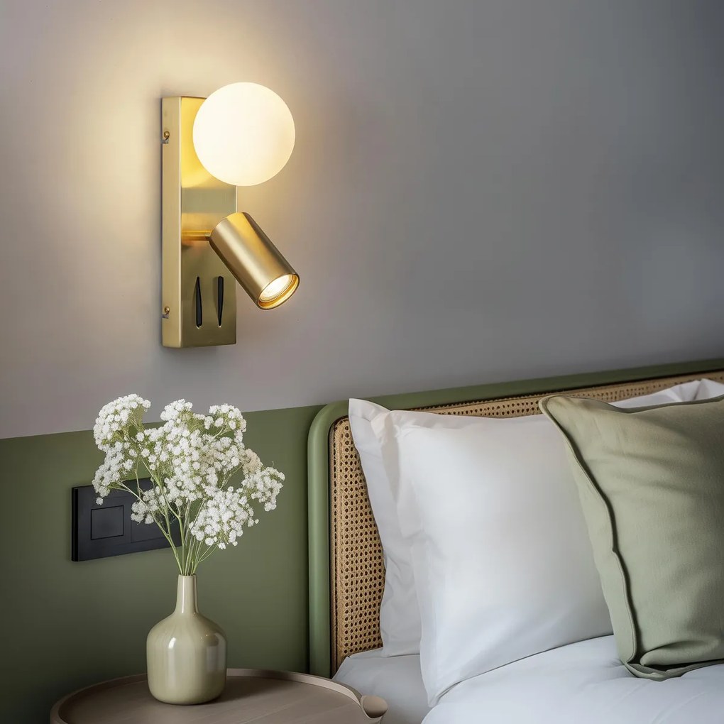 Lampă de perete modernă din alamă cu 2 lumini, reglabilă, cu port USB-C - Lesly