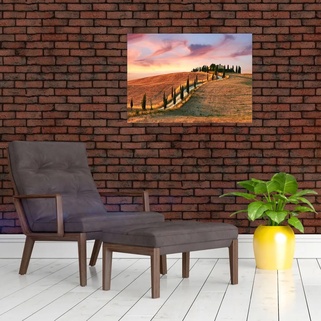 Tablou pe sticlă - Casa pe deal Toscana, Italia (70x50 cm)