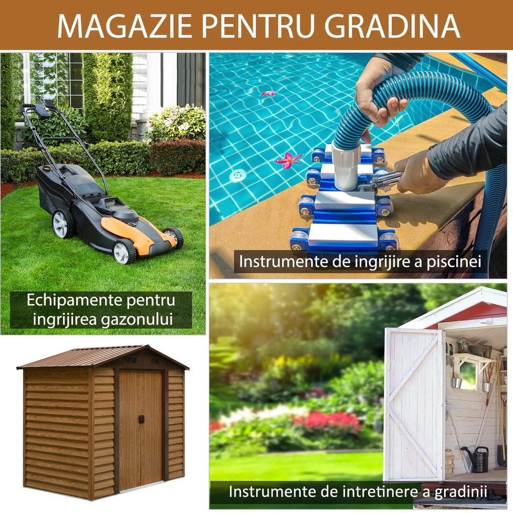 Outsunny Magazie de Grădină cu Uși Glisante, Magazie pentru Scule cu Structură din Oțel, 152x235,7x208,7 cm, Lemn Natural | Aosom Romania