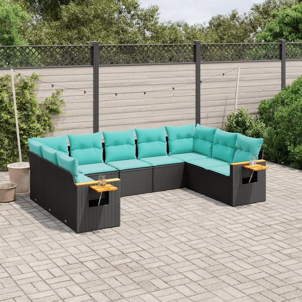 vidaXL Set mobilier de grădină cu perne, 9 piese, negru, poliratan