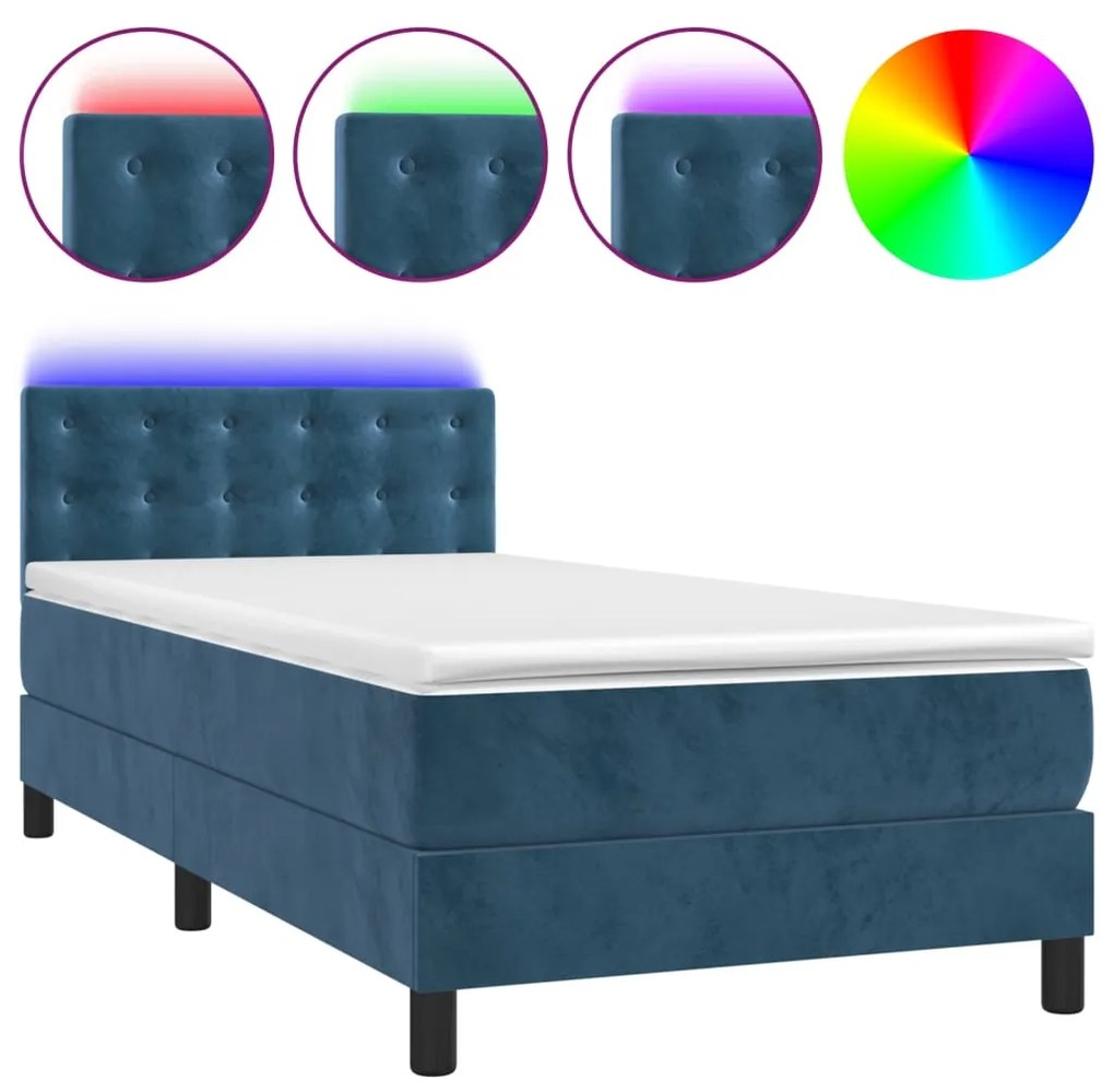 3134631 vidaXL Pat cu arcuri, saltea și LED, bleumarin, 100x200 cm, catifea