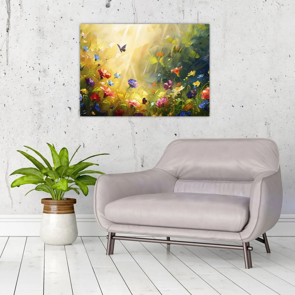 Tablou pe sticlă - Pajiște cu flori de primăvară, pictură (70x50 cm)
