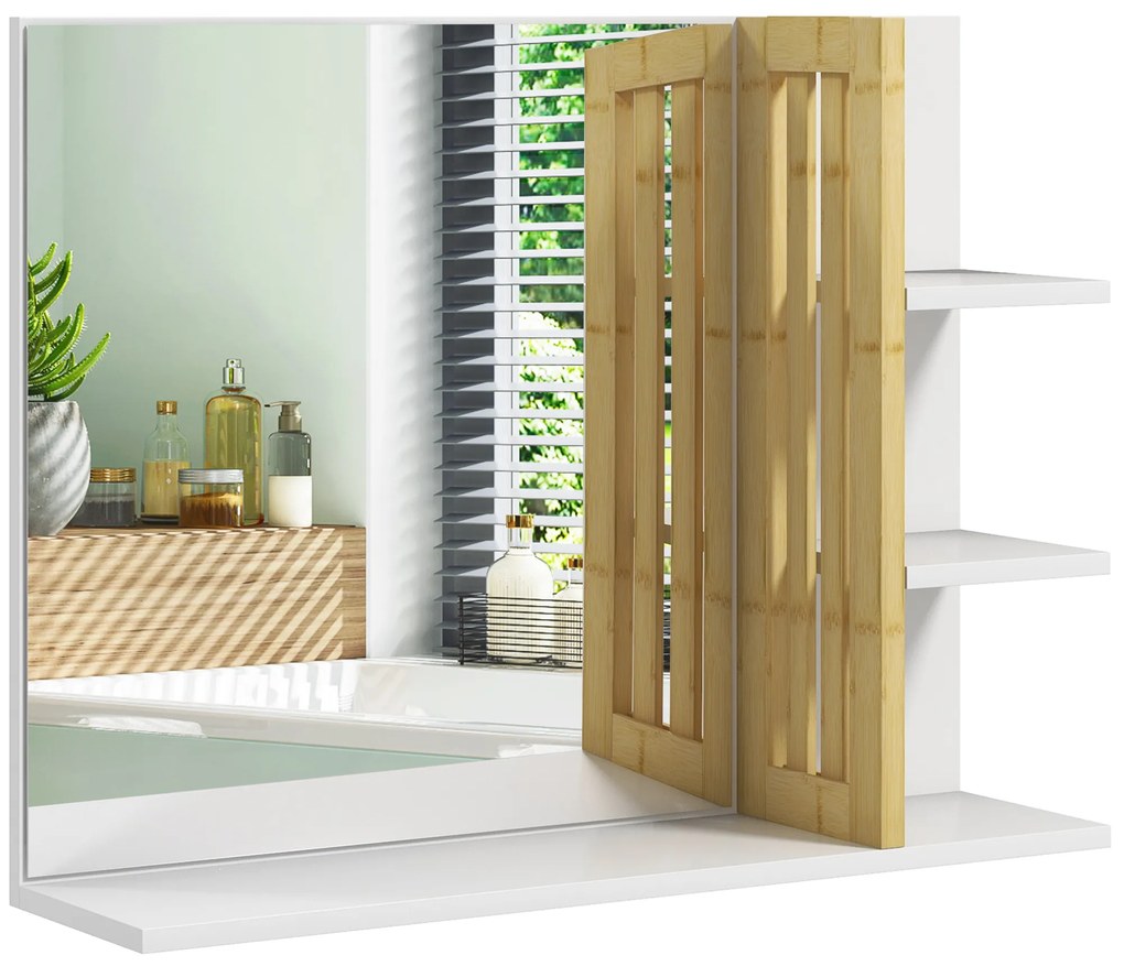 HOMCOM Oglindă Modernă de Baie Suspendată din Lemn cu 4 Rafturi, 45x15x58.5 cm, Alb | Aosom Romania
