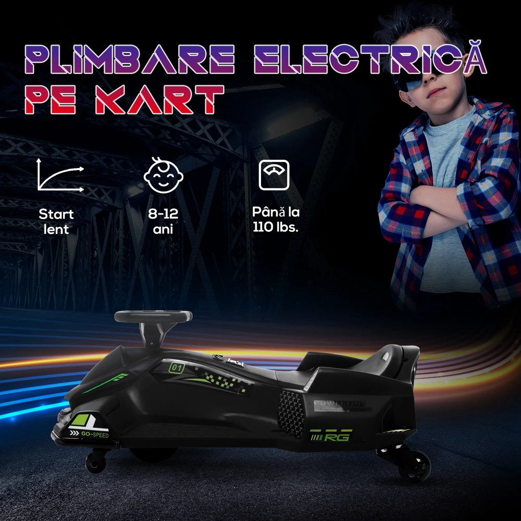 HOMCOM Go-Kart Electric pentru Copii cu Pedale, Pornire Lentă, Lumini, Muzică și Centură, 90x53x99 cm, Negru | Aosom Romania