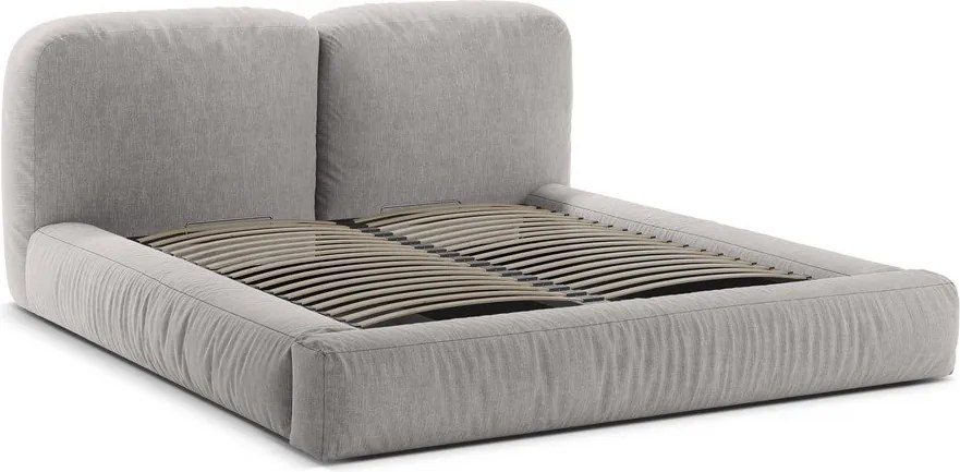 Pat matrimonial gri deschis tapițat cu spațiu de depozitare cu somieră 160x200 cm Martina – Micadoni
