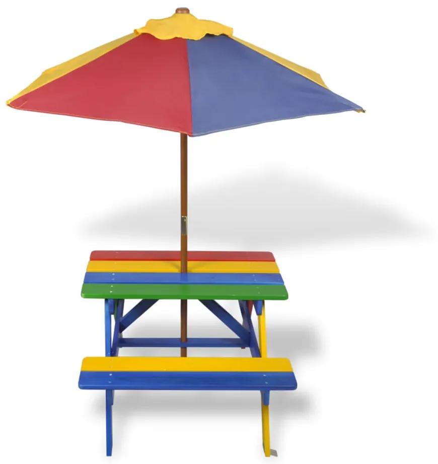 40773 vidaXL Masă de picnic pentru copii cu bănci &amp; umbrelă, lemn multicolor