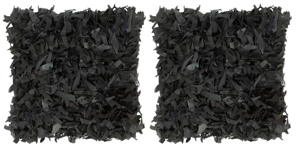 vidaXL Pernuțe shaggy, 2 buc., negru, 45x45 cm, piele și bumbac