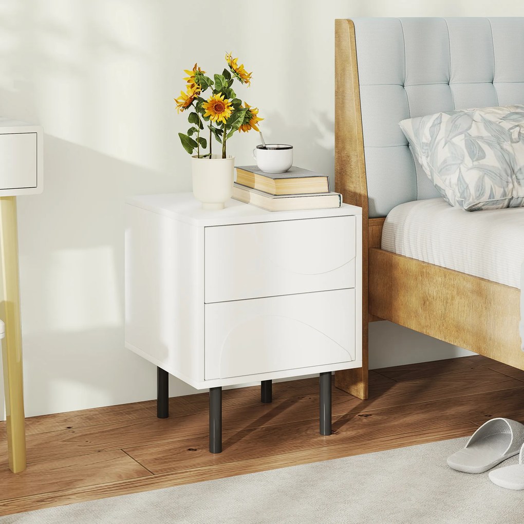 HOMCOM Noptieră, masă de alături cu 2 sertare cu deschidere prin apăsare, picioare din oțel, 40 x 40 x 50 cm, alb | Aosom Romania