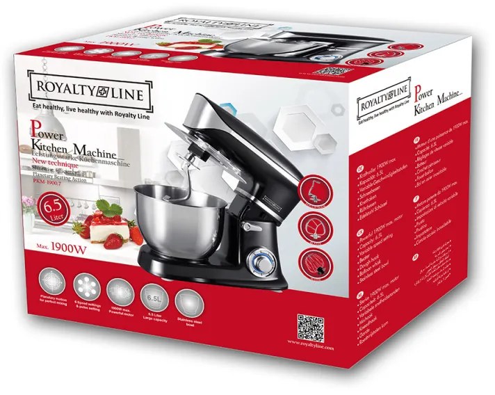 Mixer planetar Royalty Line RL-PKM1900.7, 1900W, 6.5 L, Cupa inox, 6 trepte de viteza + Pulse, Accesorii, Negru
