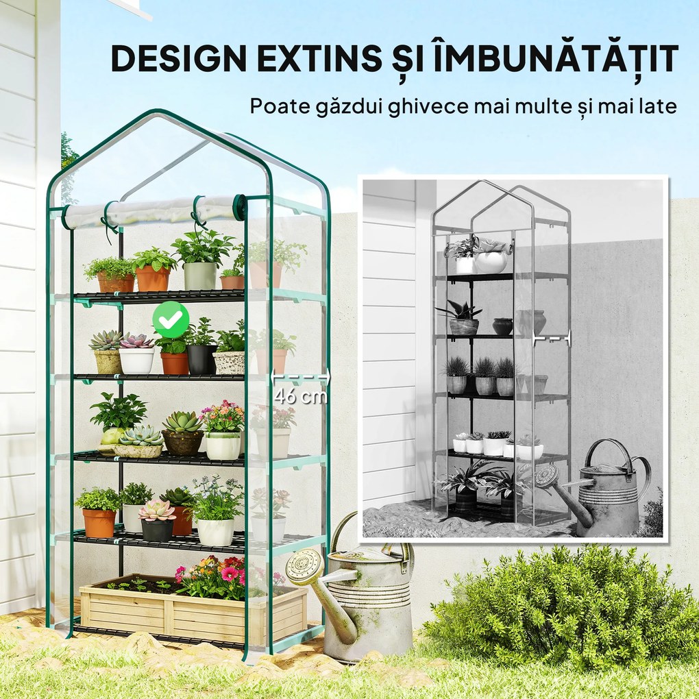 Outsunny Seră tip căsuță cu 5 niveluri, cu ușă rulabilă, din oțel și polietilenă, 90x49x193 cm, transparentă | Aosom Romania